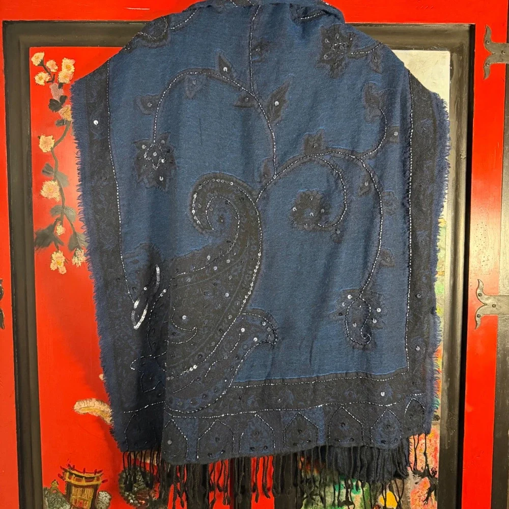 Whimsigoth Blue Black Beaded Sequin Floral Goth Fairy Fringe Scarf/Shawl